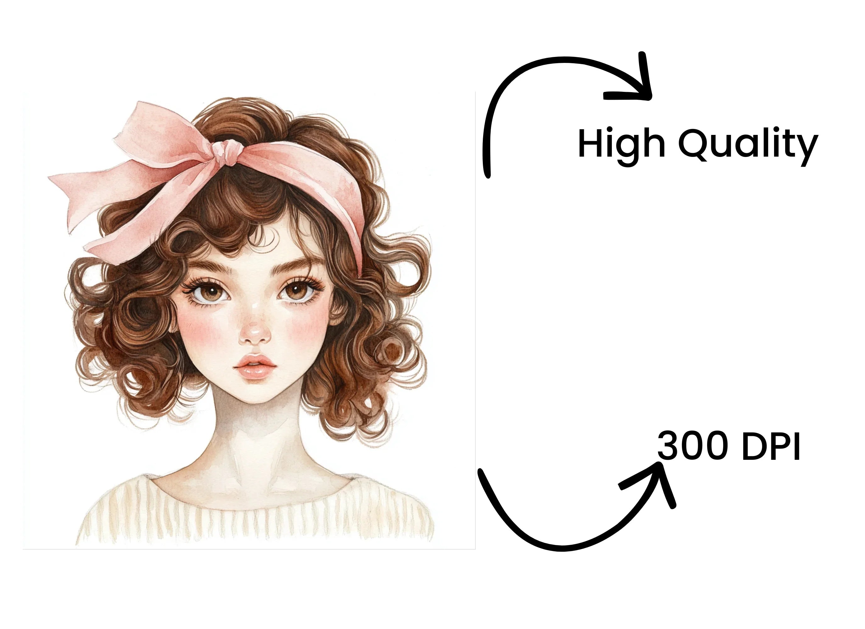 Cute Curly Haired Girl with Pink Bow Clipart Bundle