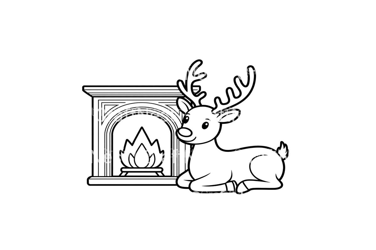 Cute Reindeer by Fireplace Coloring Books