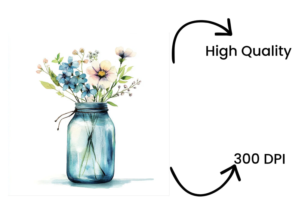 Blue and White Floral Mason Jar Clipart Bundle