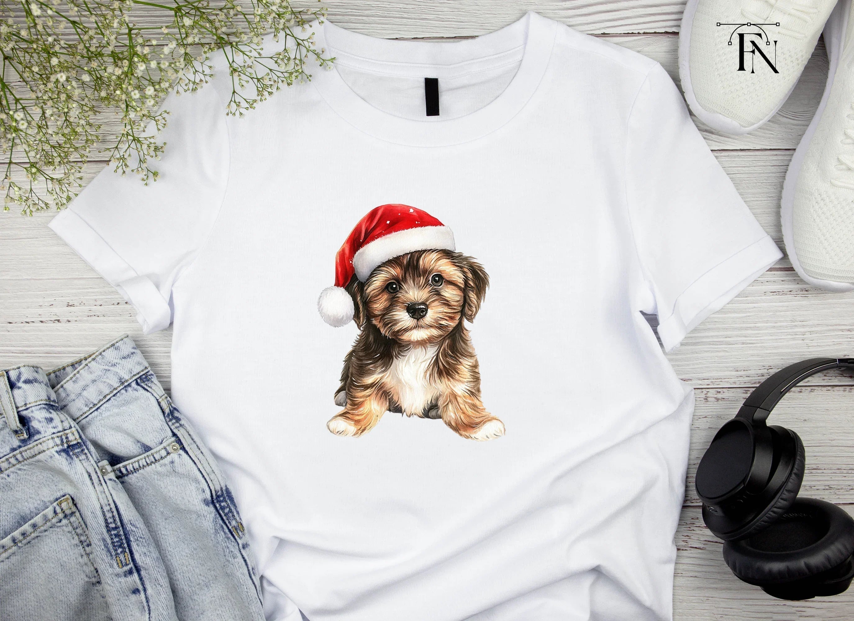 Festive Puppy with Santa Hat Clipart Bundle
