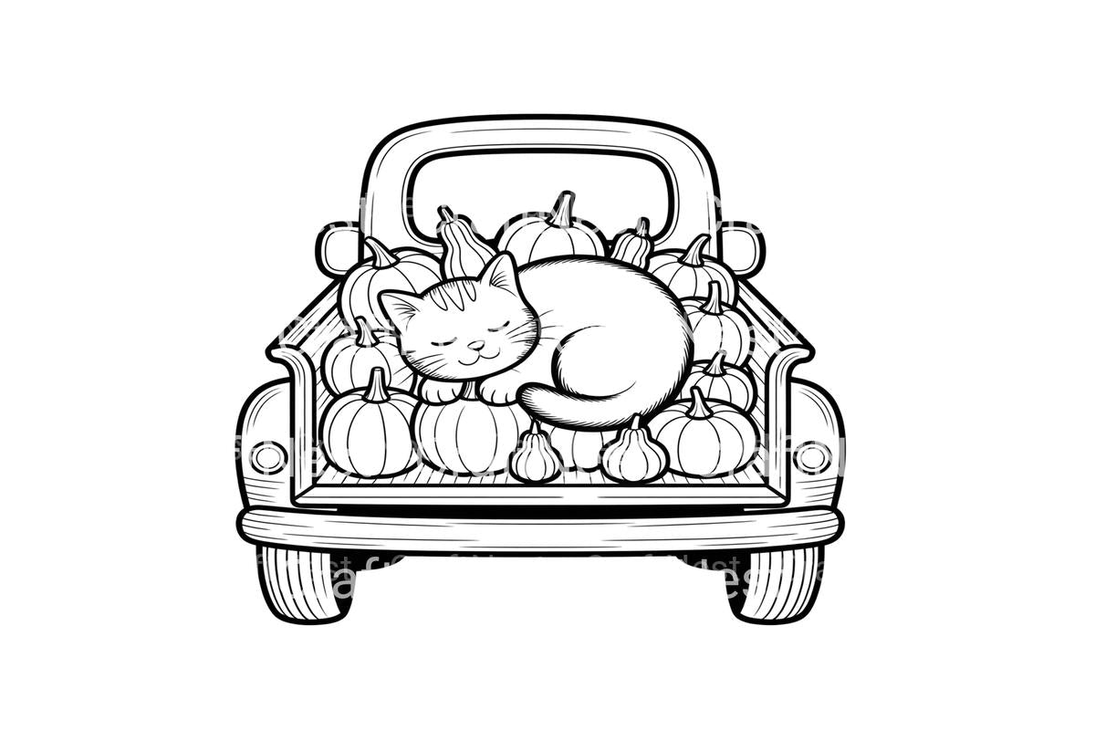 Cute Cat and Pumpkins Truck Coloring Books