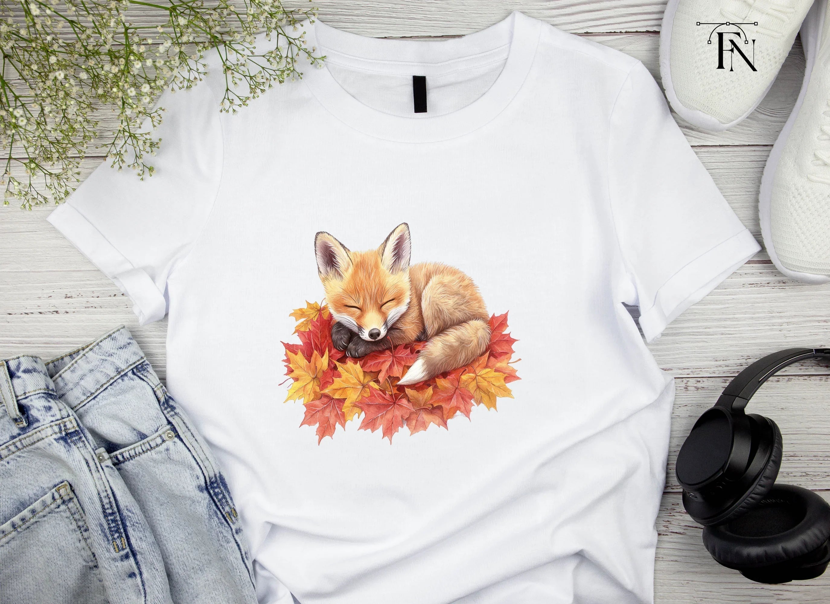 Cute Sleeping Fox on Autumn Leaves Clipart Bundle