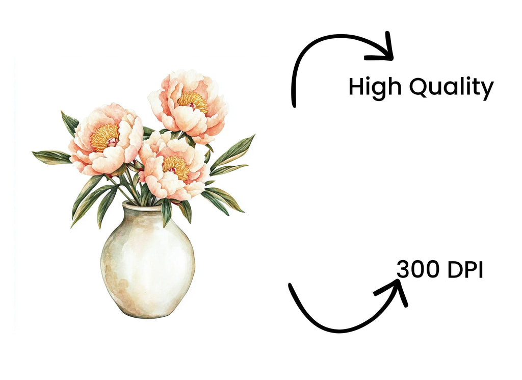 Pink Peonies in White Vase Clipart Bundle