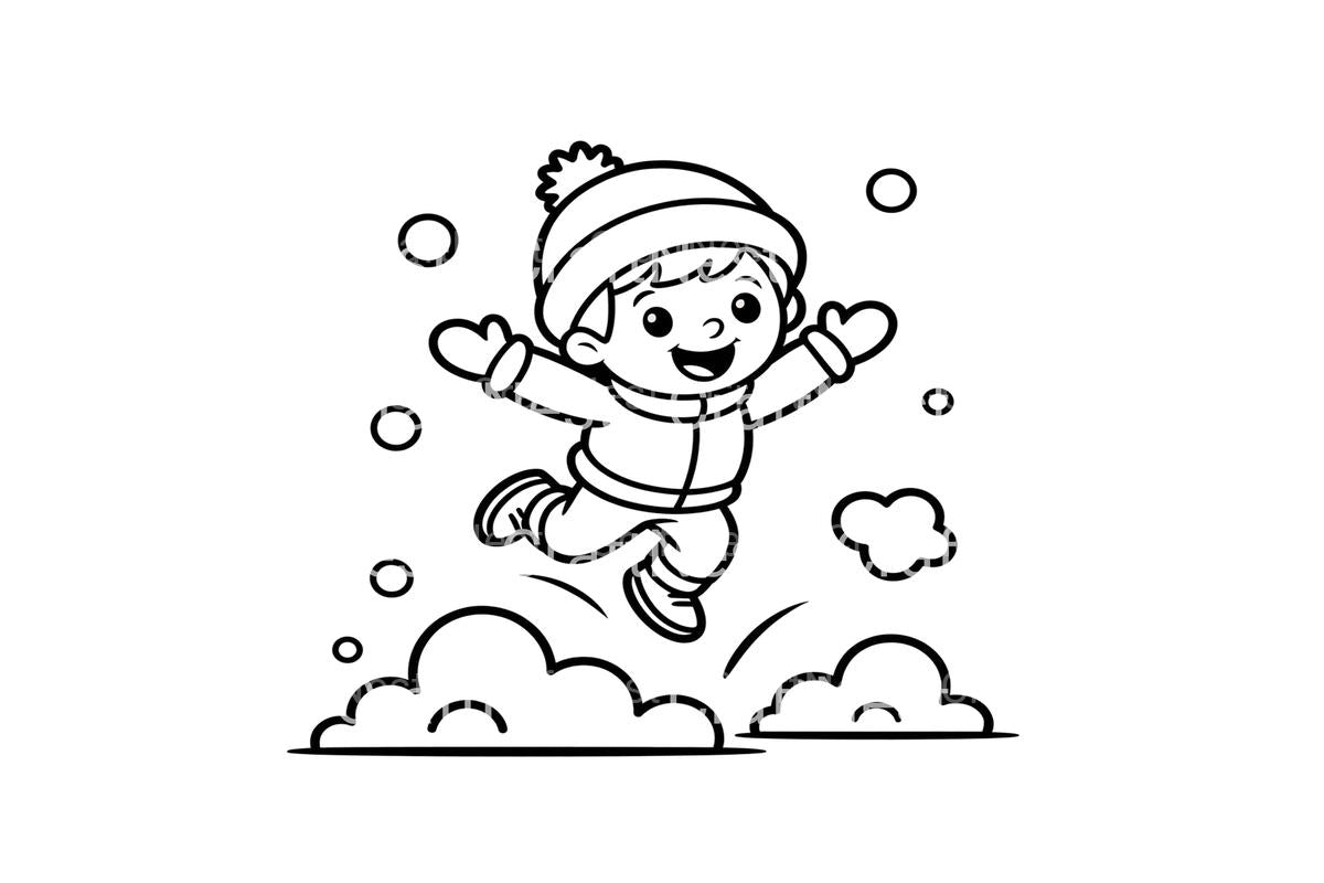 Happy Boy Playing in Snow Coloring Books