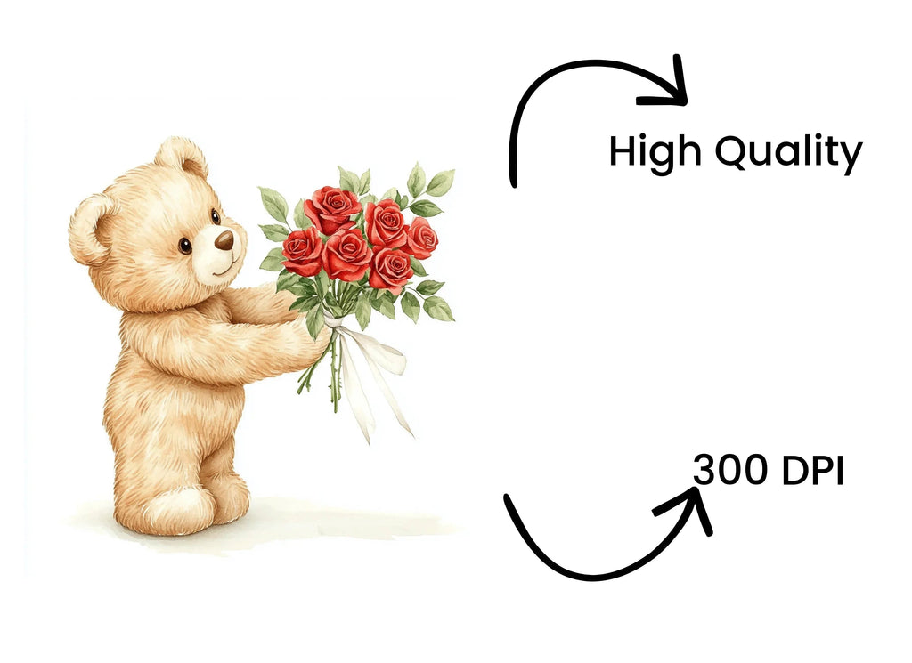 Cute Teddy Bear with Red Roses Clipart Bundle