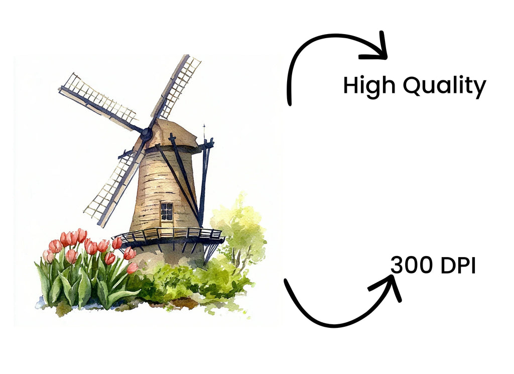 Windmill with Pink Tulips Clipart Bundle