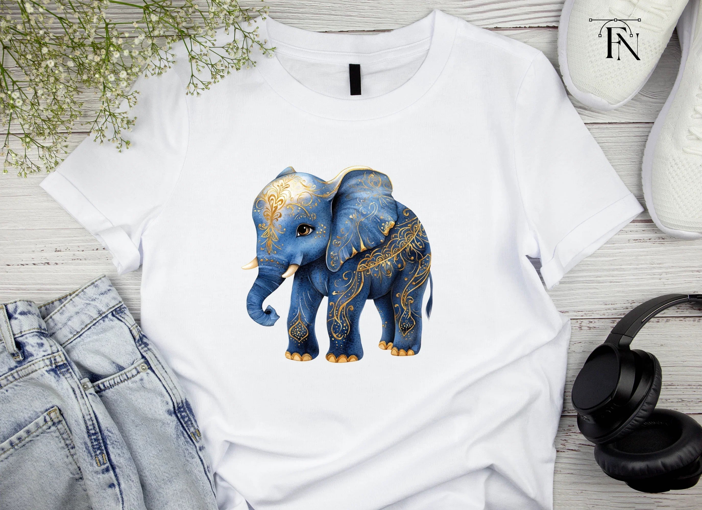 Blue Elephant with Golden Ornaments Clipart Bundle