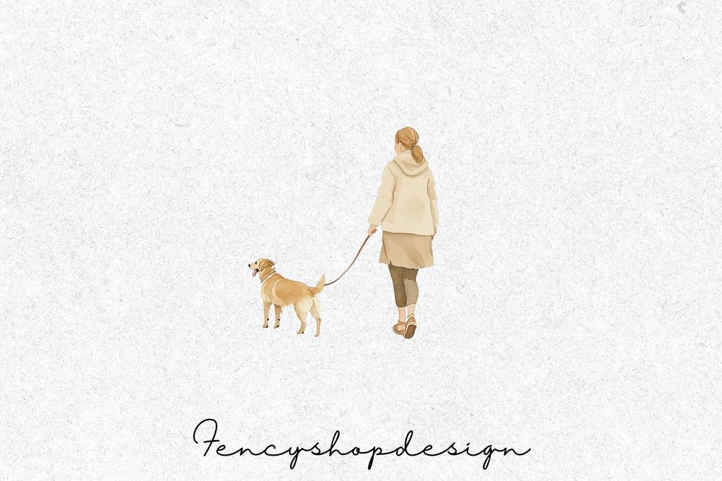 Woman Walking Dog Clipart Bundle