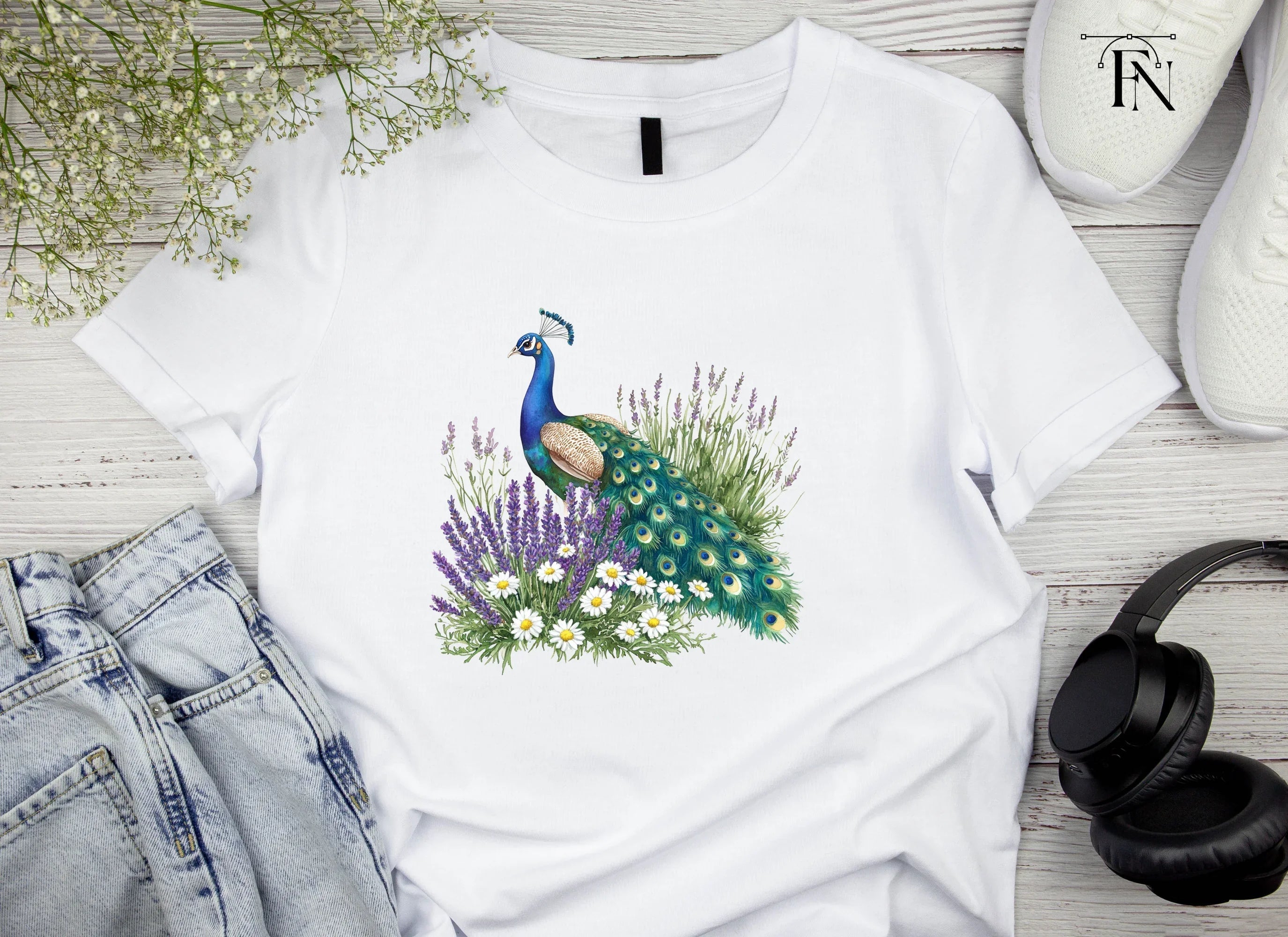 Peacock with Lavender and Daisies Clipart Bundle
