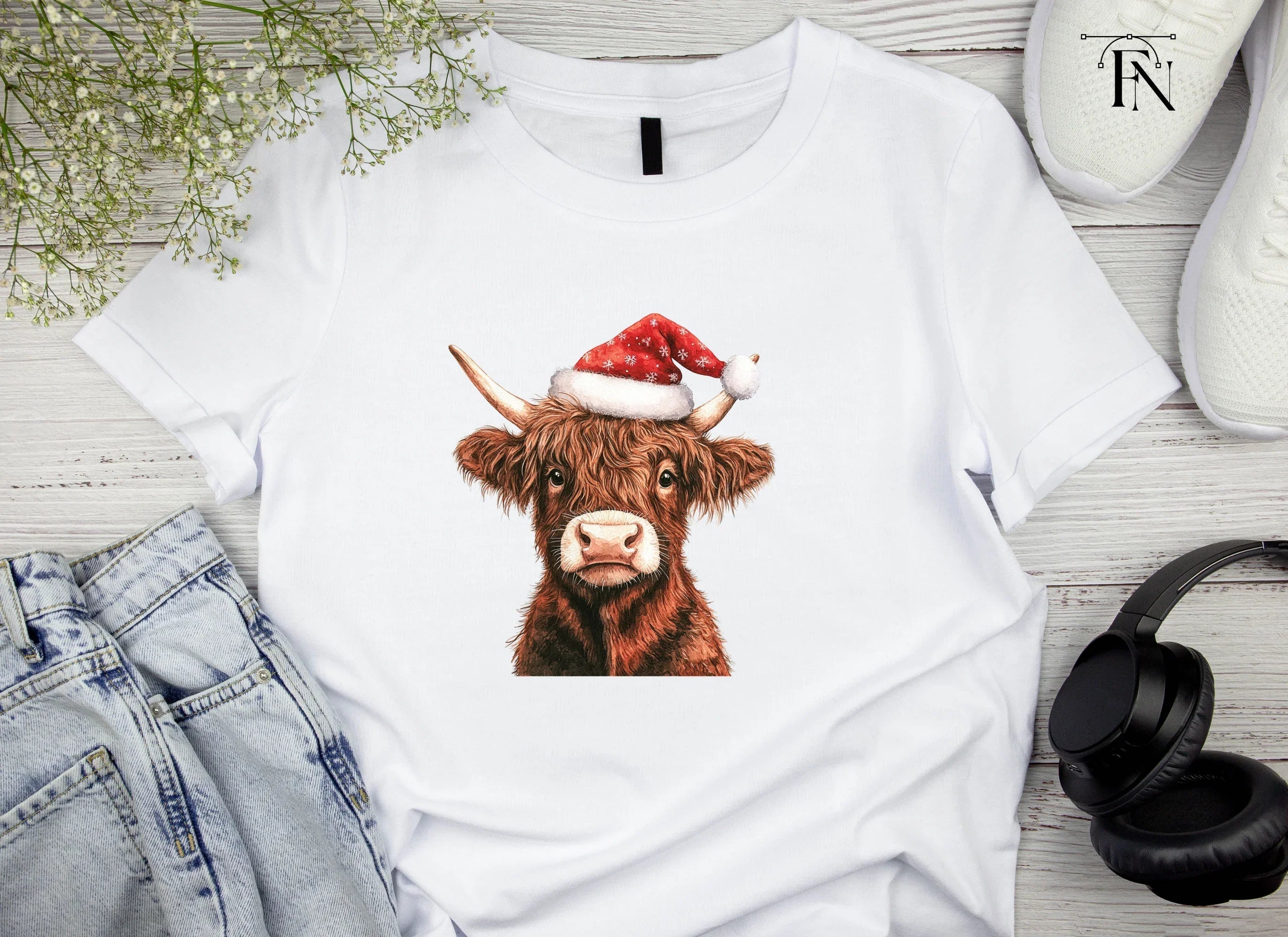 Cute Highland Cow Santa Hat Clipart Bundle