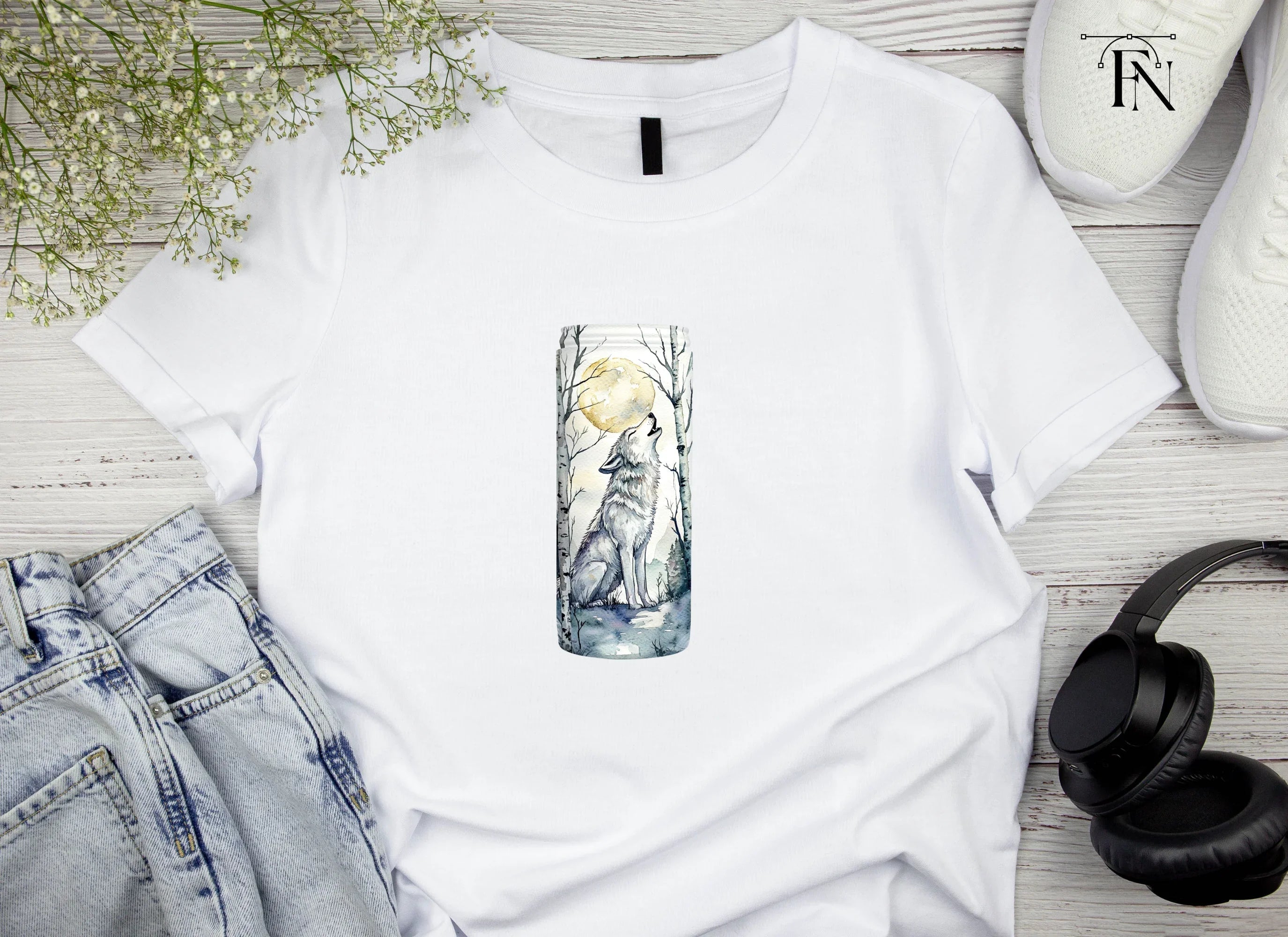 White Wolf Howling in Birch Forest Clipart Bundle