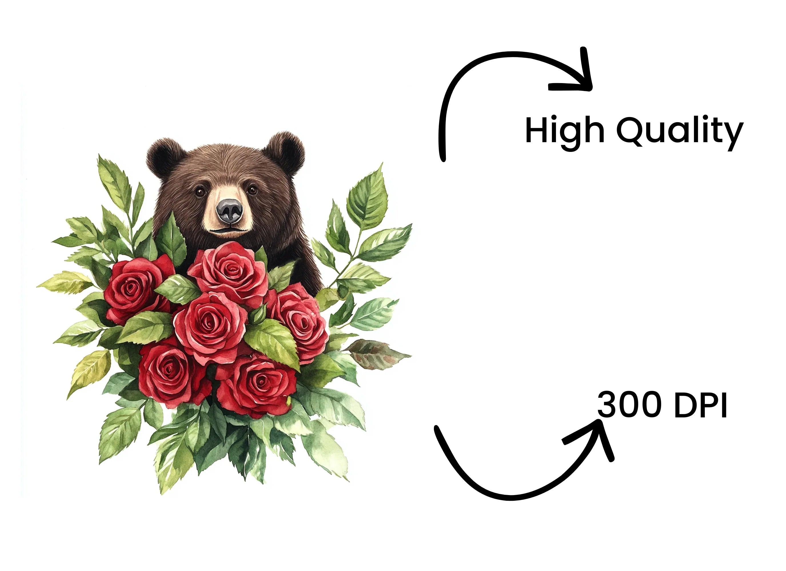 Brown Bear with Red Rose Bouquet Clipart Bundle