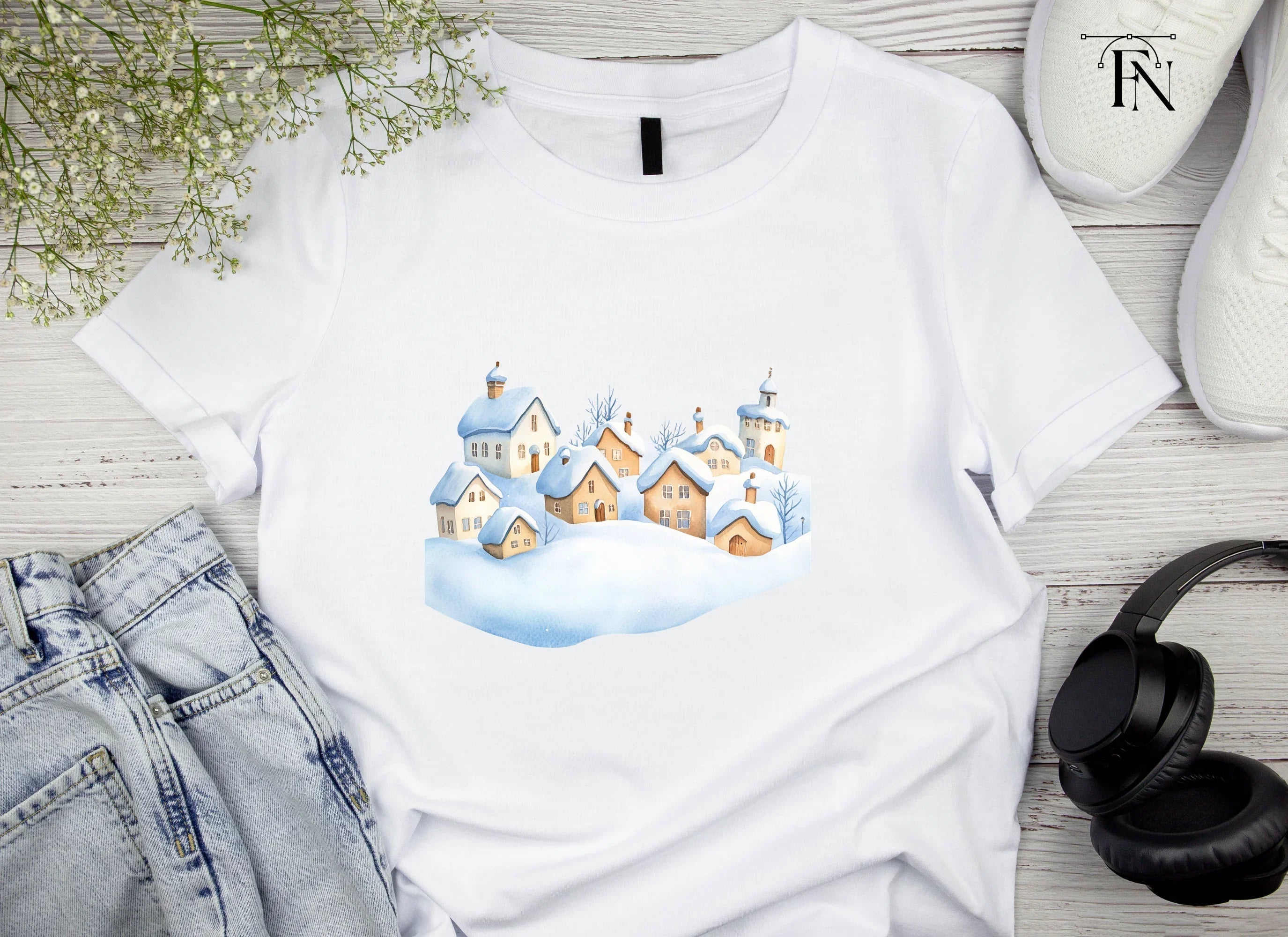 Snowy Winter Village Landscape Clipart Bundle