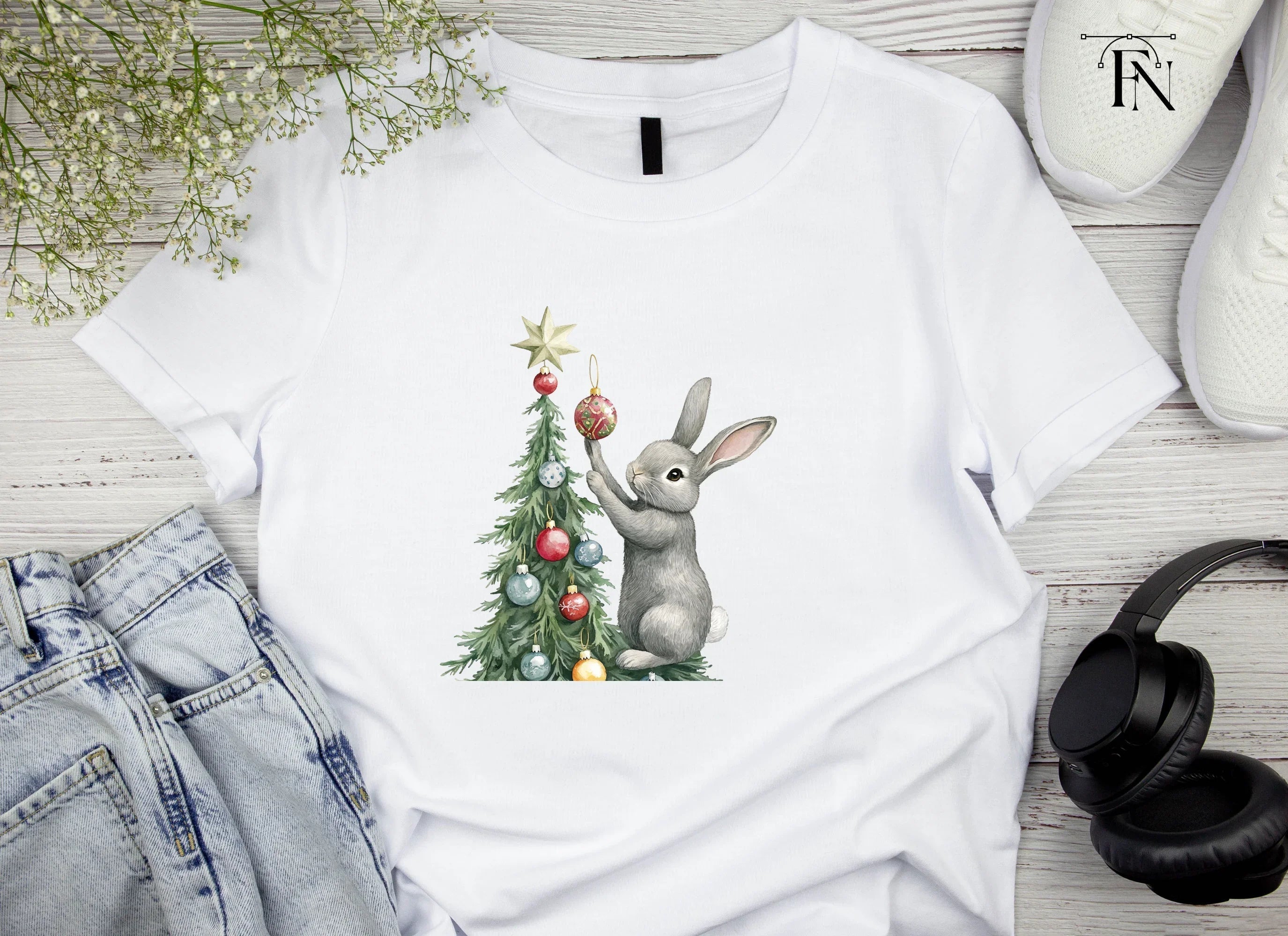 Gray Rabbit Holiday Tree Decorating Clipart Bundle