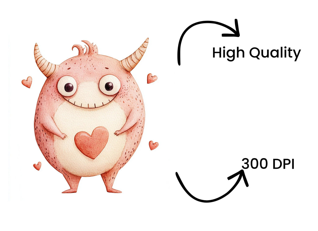 Cute Pink Monster with Heart Clipart Bundle
