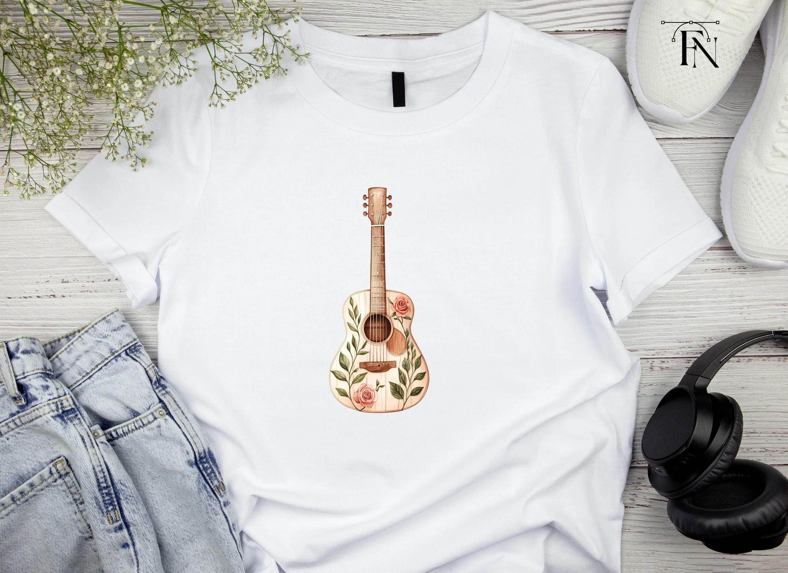 Rose Decorated Acoustic Guitar Clipart Bundle