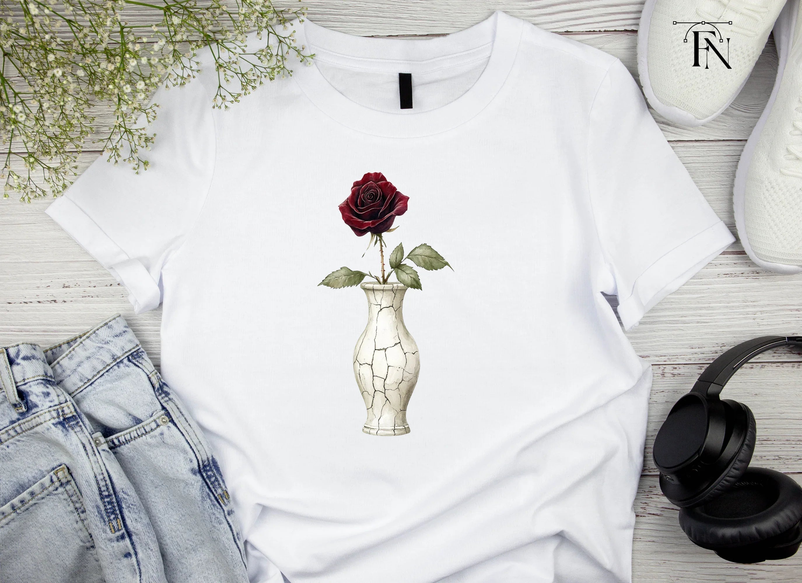 Dark Red Roses in Cracked Vases Clipart Bundle