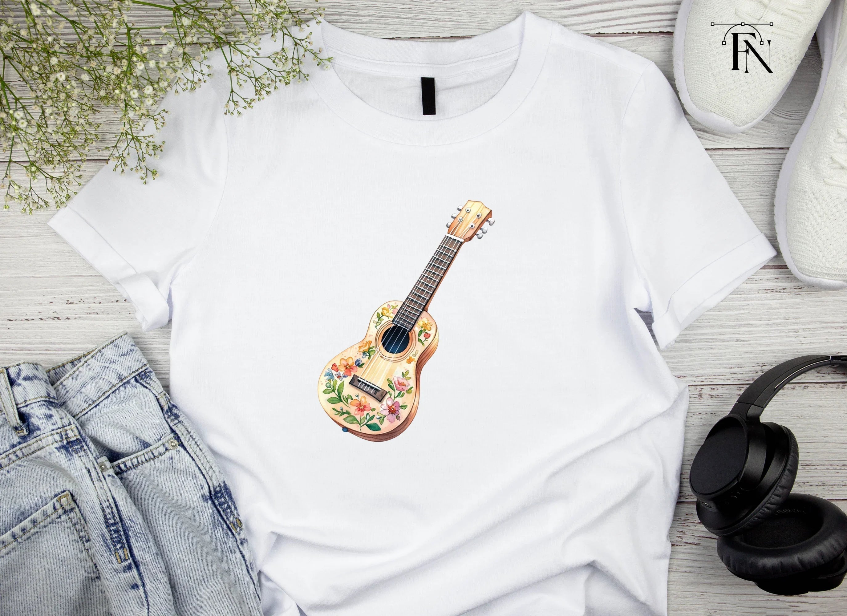 Floral Acoustic Guitar Clipart Bundle