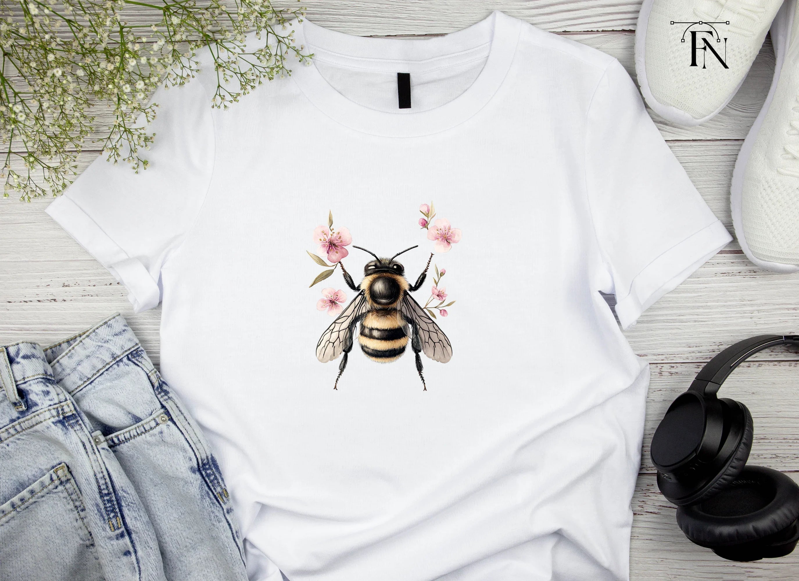 Bumblebee and Pink Flowers Clipart Bundle