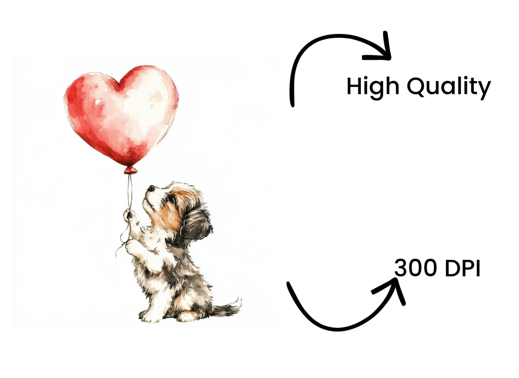 Cute Puppies with Heart Balloons Clipart Bundle