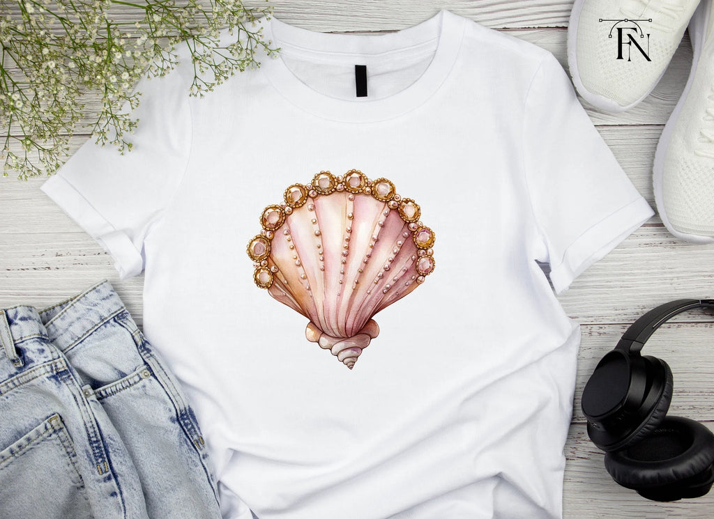 Pink Seashells with Gold Gem Clipart Bundle