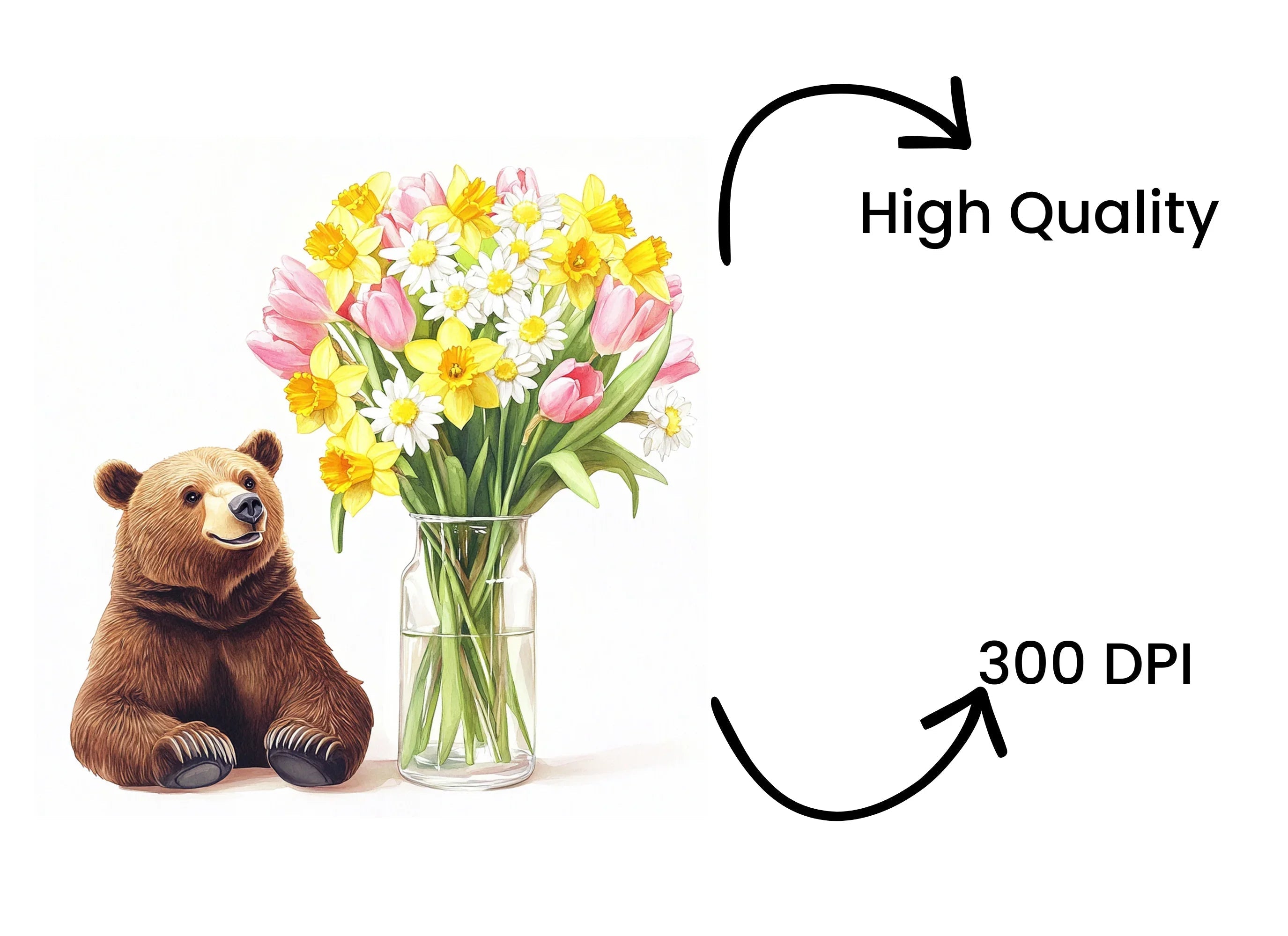 Cute Bears with Spring Flower Bouquets Clipart Bundle