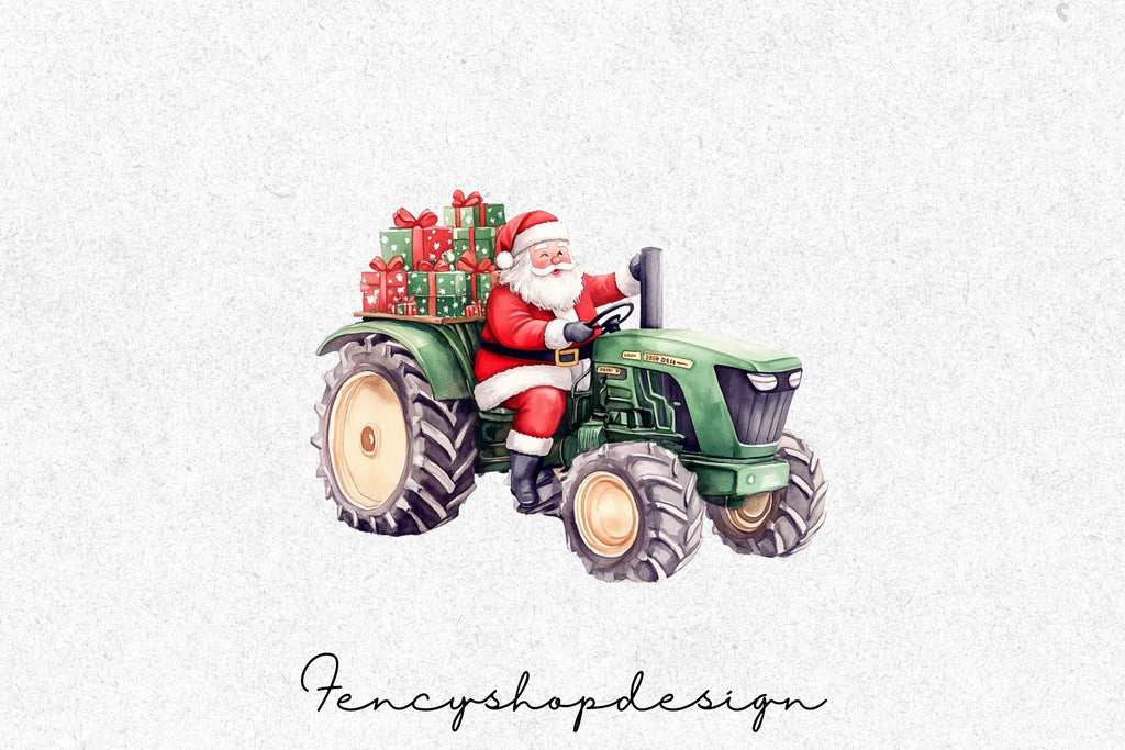 Santa Claus on Tractor Christmas Clipart Bundle