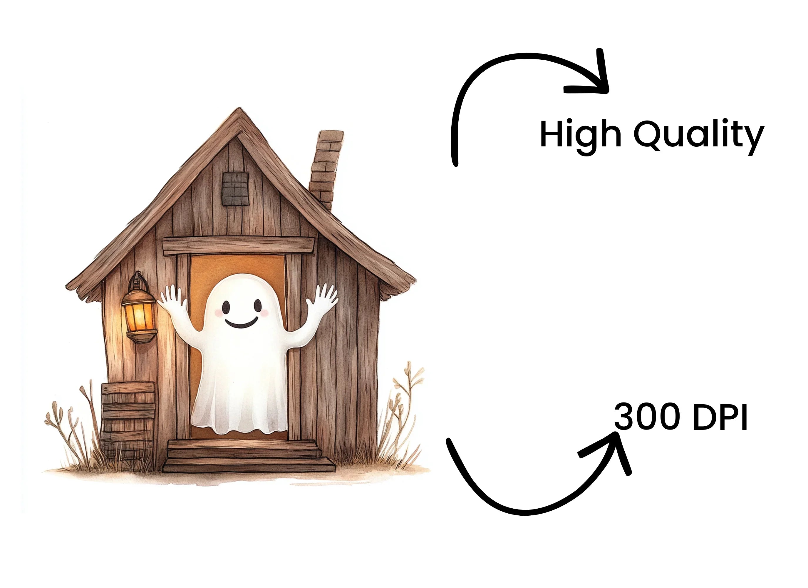 Cute Ghost in Wooden House Clipart Bundle