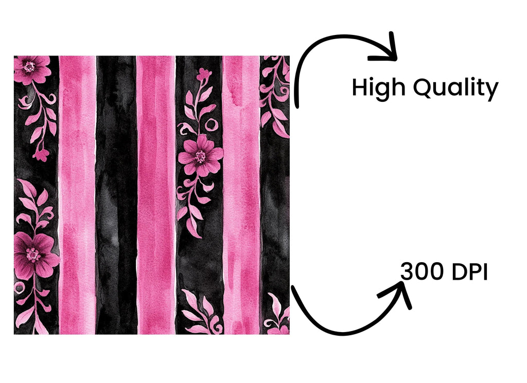 Vibrant Pink Black Floral Stripes Clipart Bundle