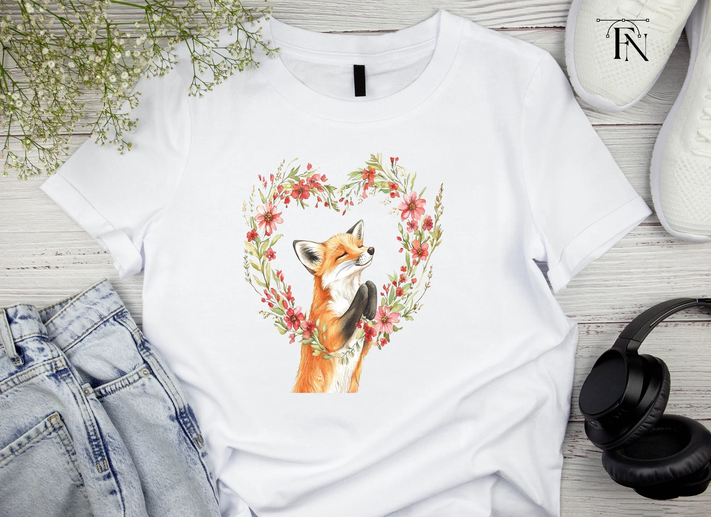 Cute Fox with Floral Heart Clipart Bundle