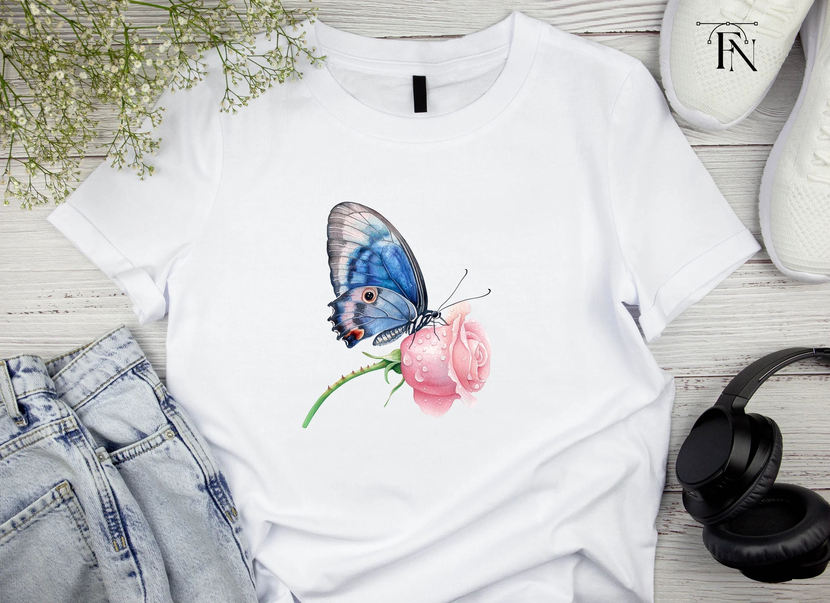 Blue Butterfly Pink Rose Clipart Bundle