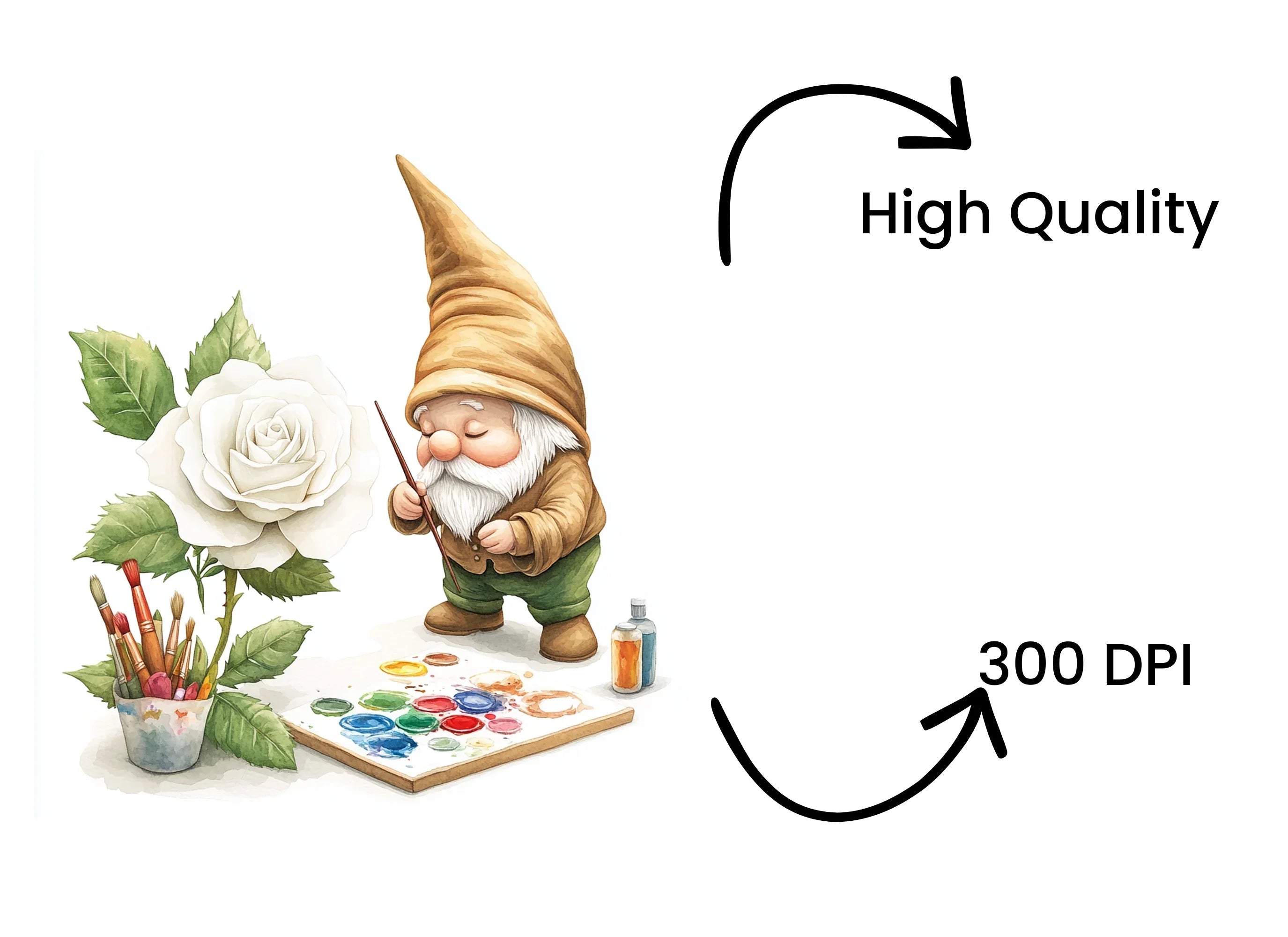 Gnome Painting White Rose Clipart Bundle