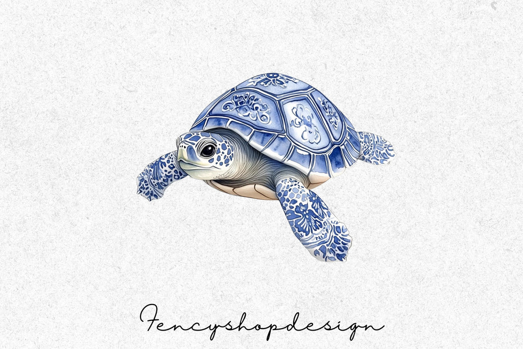 Chinoiserie Delft Blue Turtle Clipart Bundle