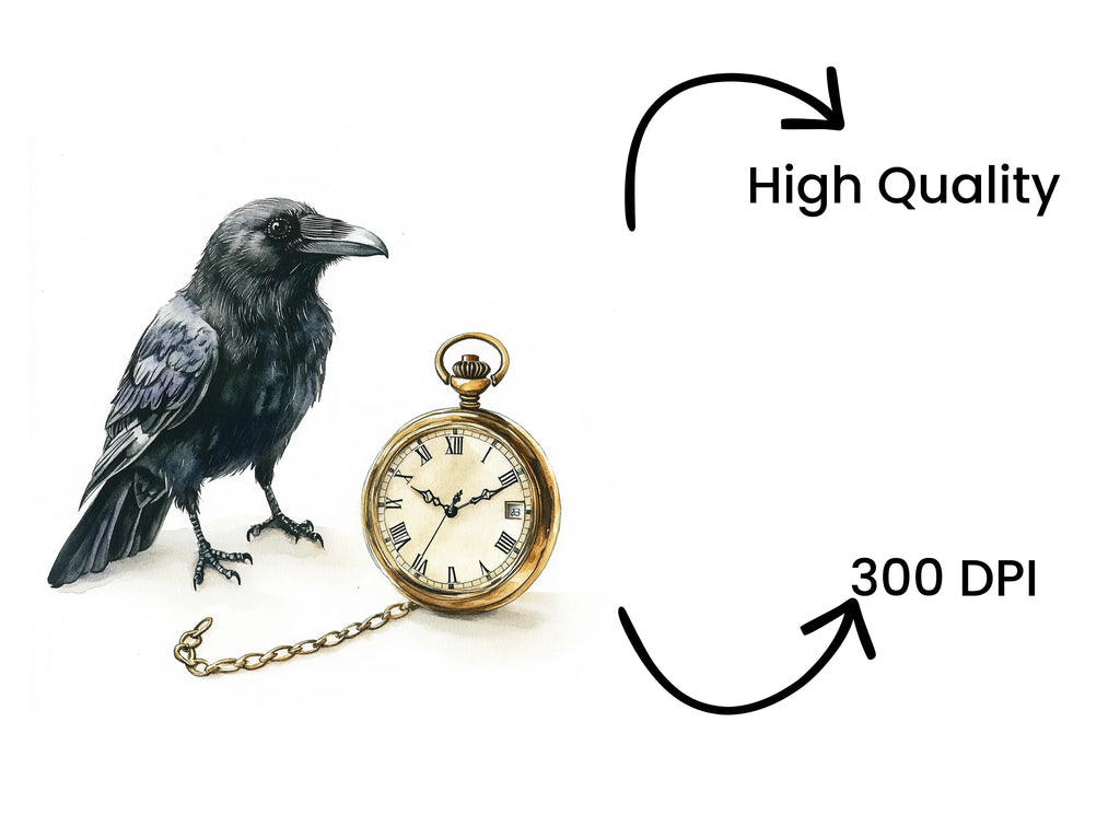 Mystical Raven and Pocket Watch Clipart Bundle