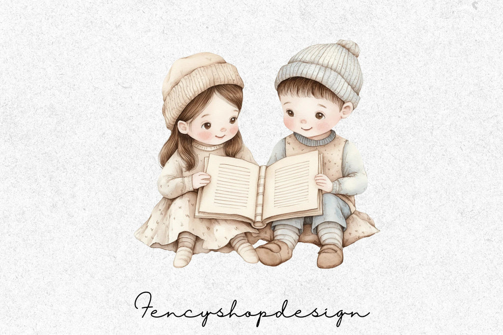 Cute Kids Reading Books Clipart Bundle
