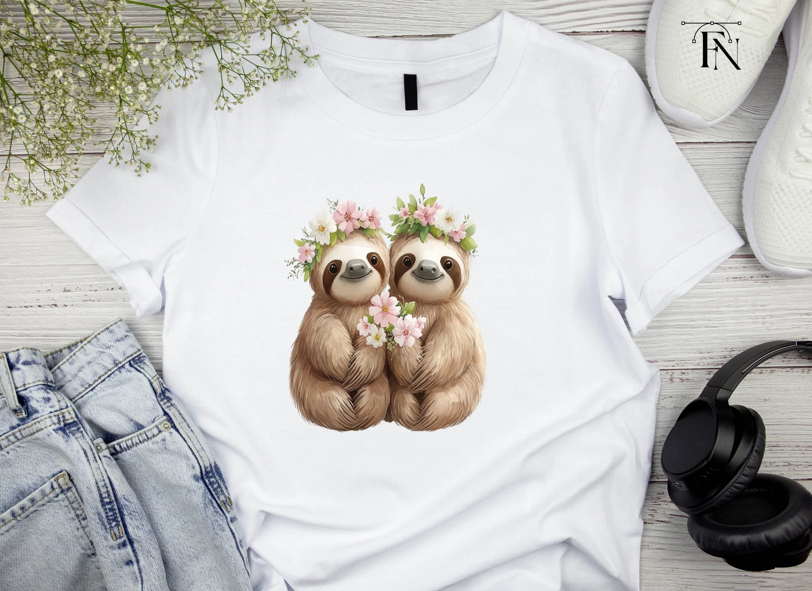 Cute Sloth Couples with Flower Crowns Clipart Bundle