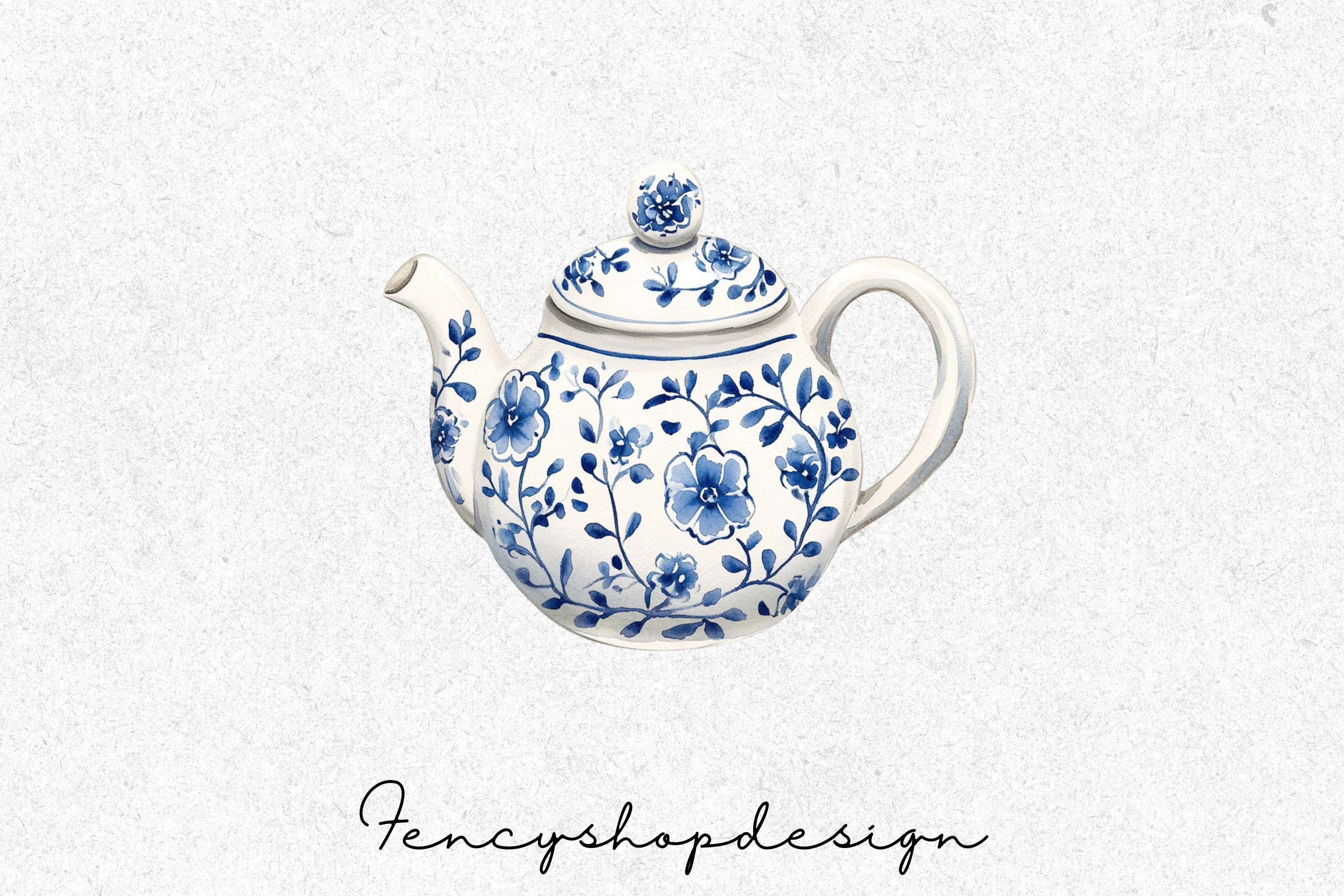Blue White Floral Teapot Clipart Bundle