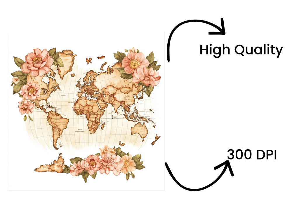 Boho Floral World Map Graphics Clipart Bundle
