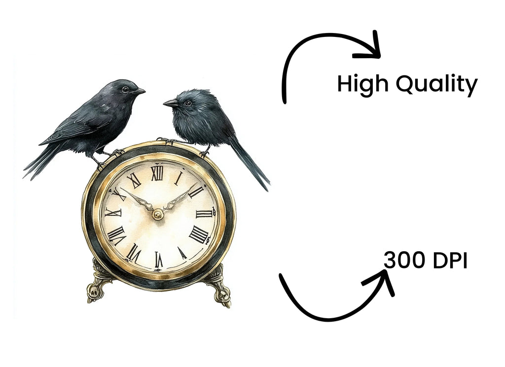 Vintage Raven Clock Clipart Bundle