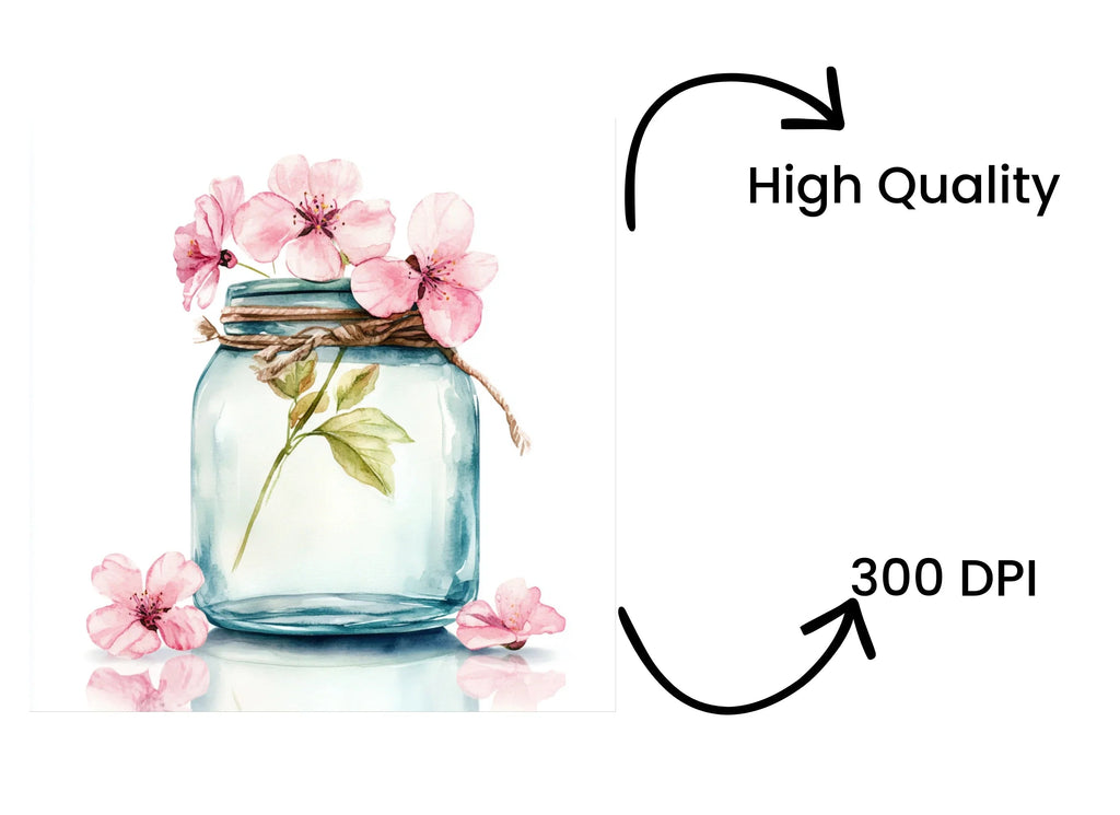 Pink Cherry Blossom Mason Jar Clipart Bundle