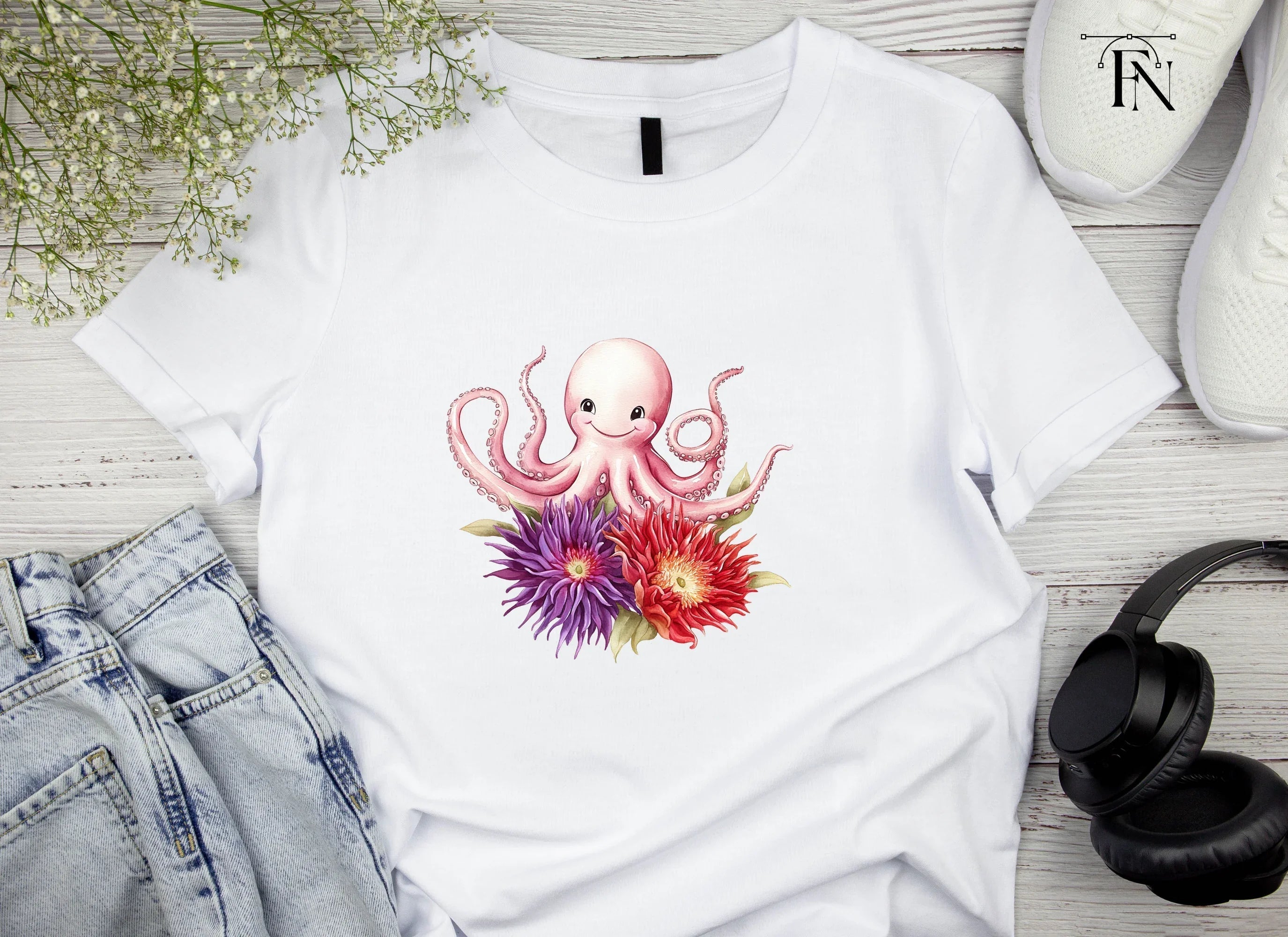 Happy Octopus with Flowers Clipart Bundle
