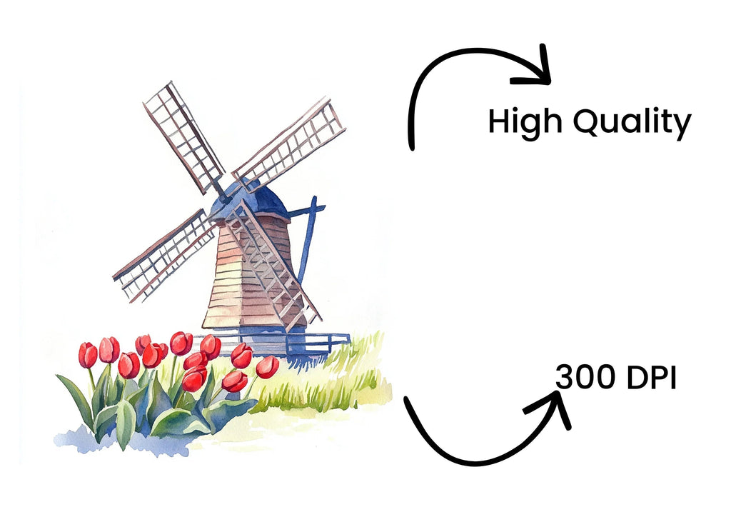 Dutch Windmills and Red Tulips Clipart Bundle
