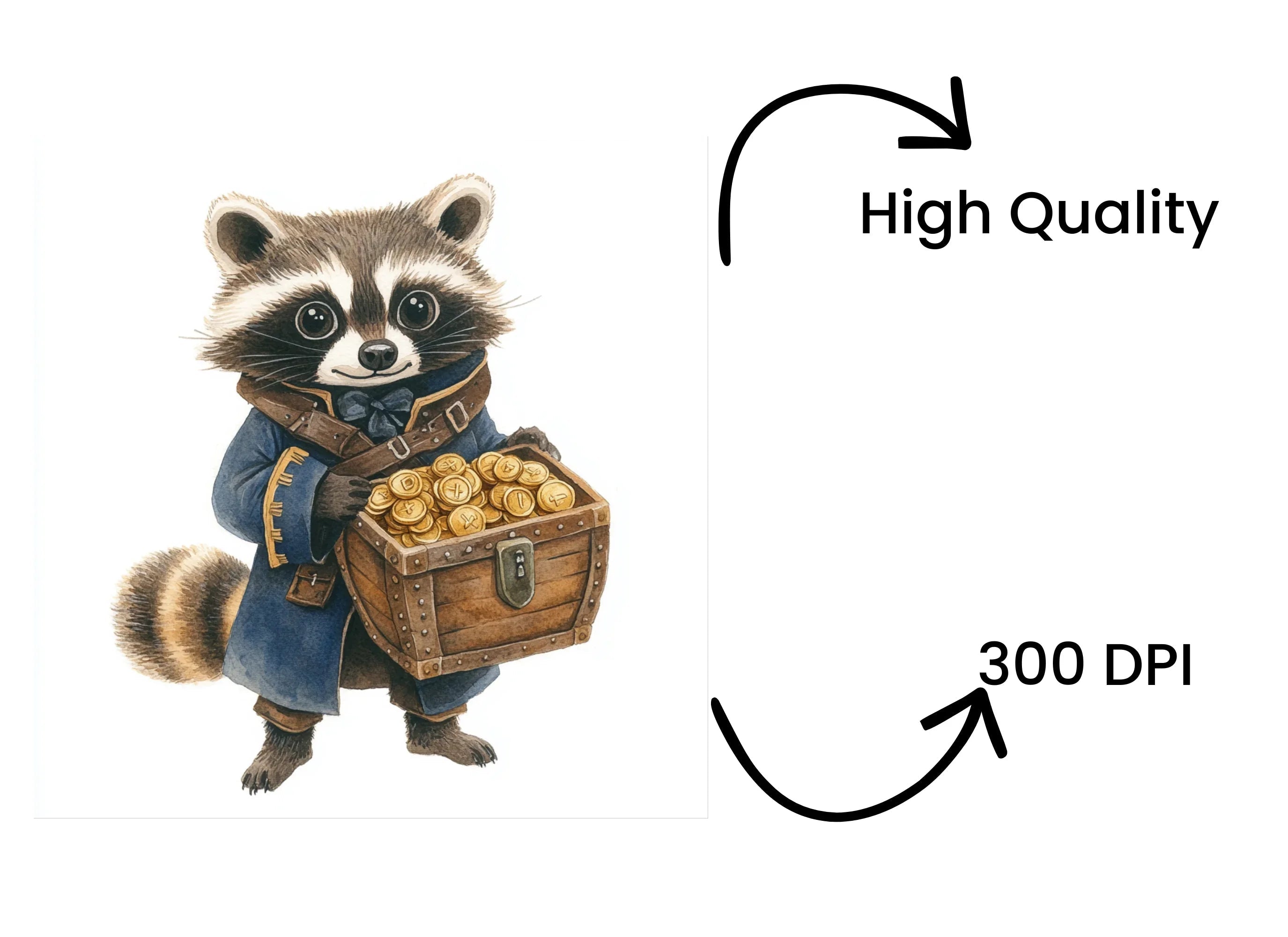 Cute Raccoon Pirate with Treasure Chest Clipart Bundle