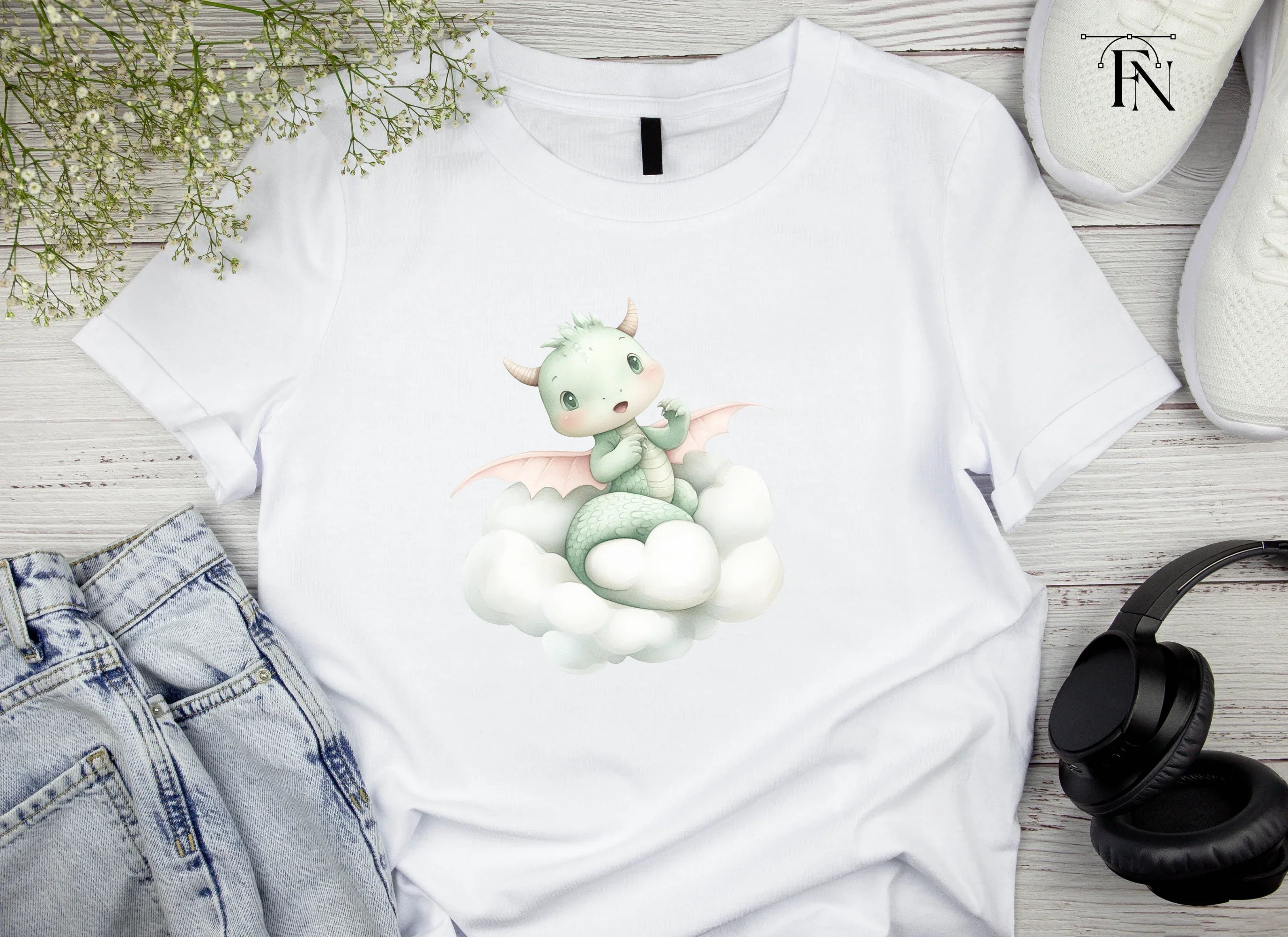 Cute Baby Dragon on Clouds Clipart Bundle