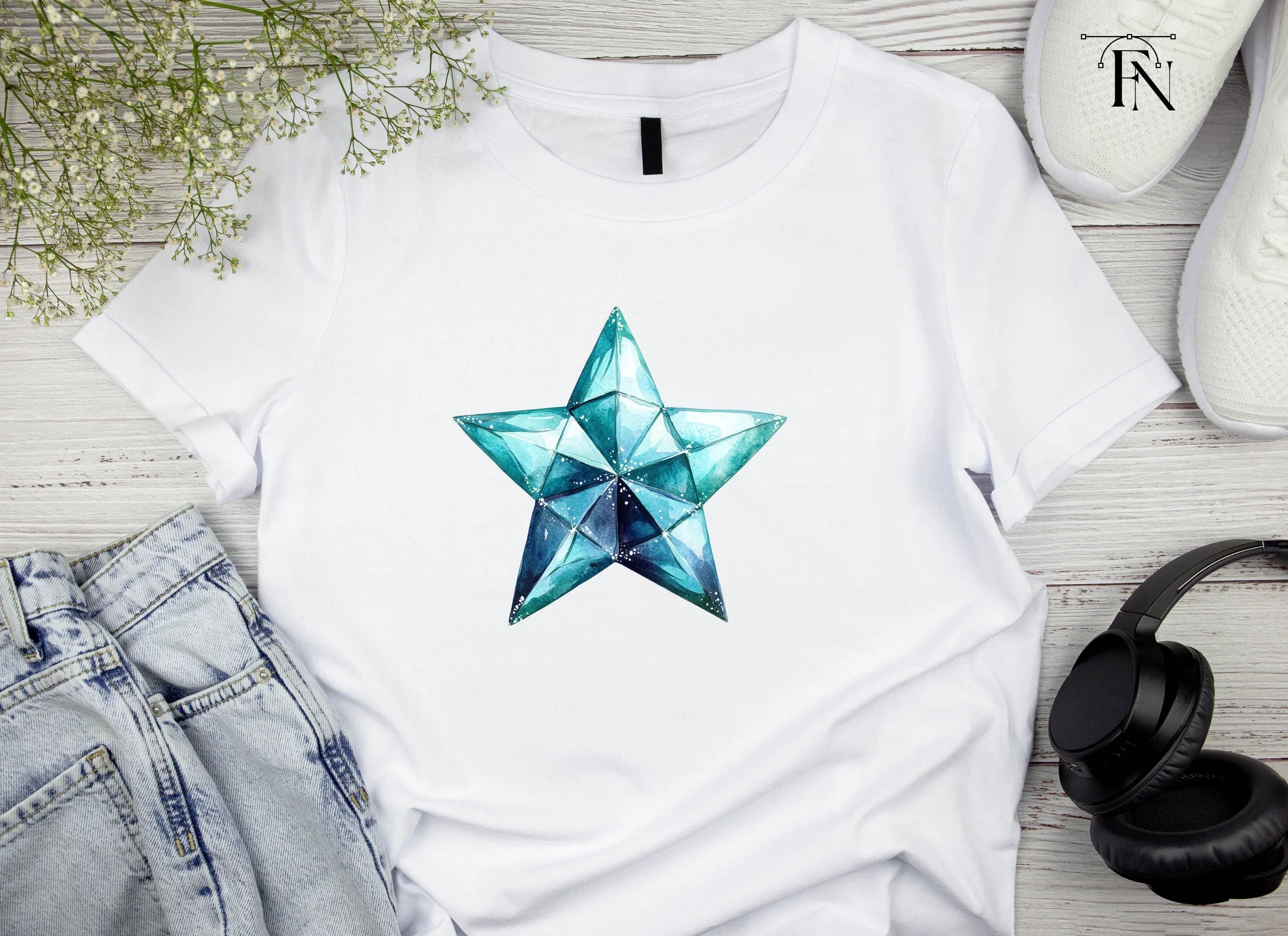 Geometric Blue Crystal Stars Clipart Bundle