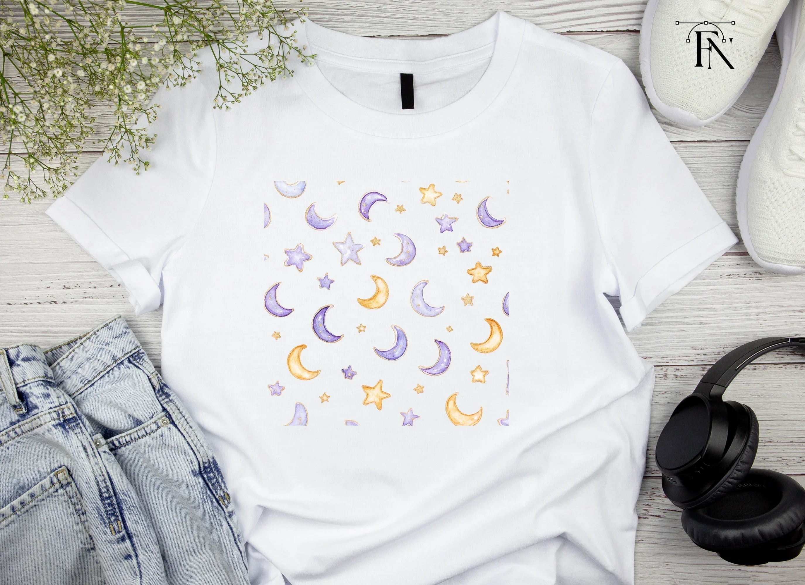 Moon and Stars Seamless Pattern Clipart Bundle