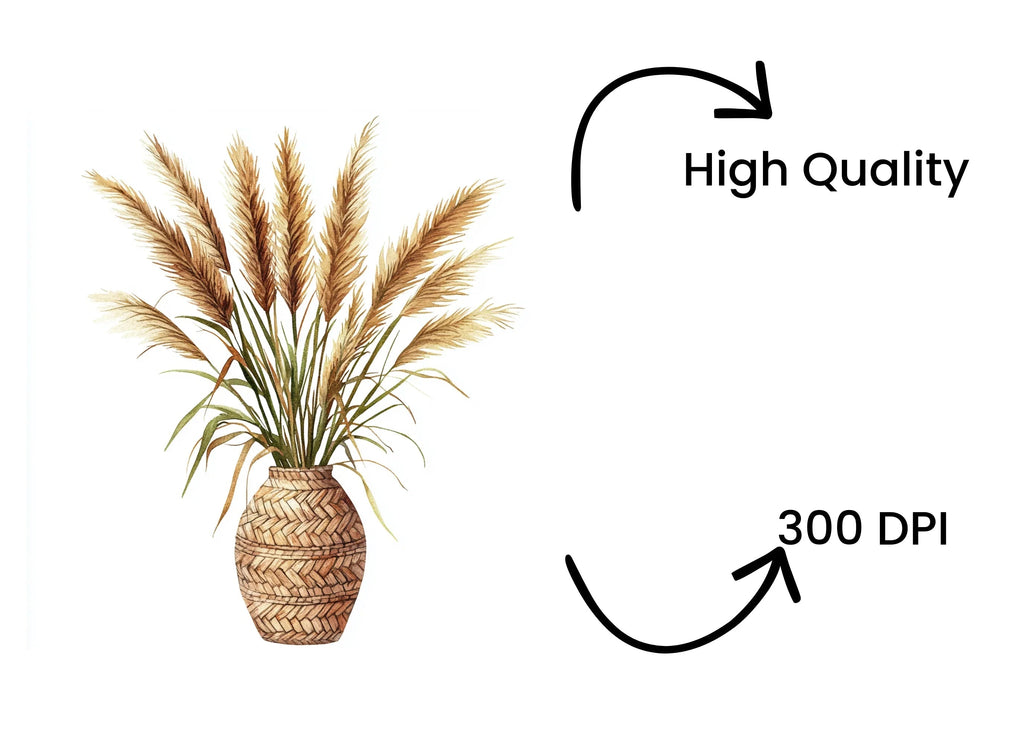 Pampas Grass in Woven Vases Clipart Bundle