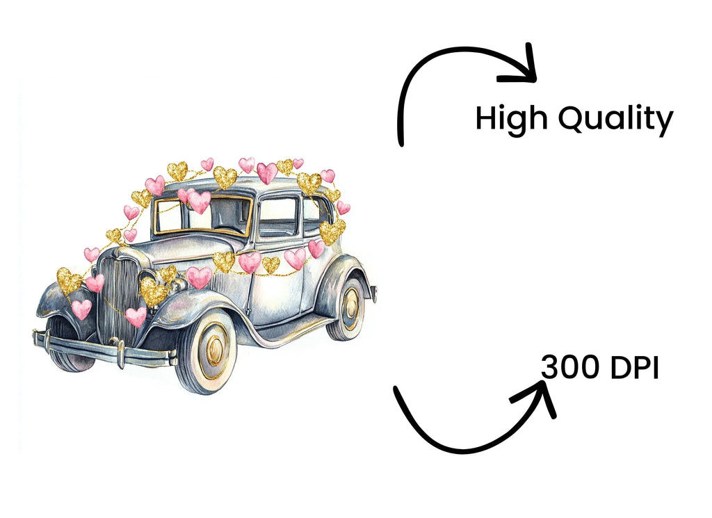 Vintage Cars with Heart Garlands Clipart Bundle