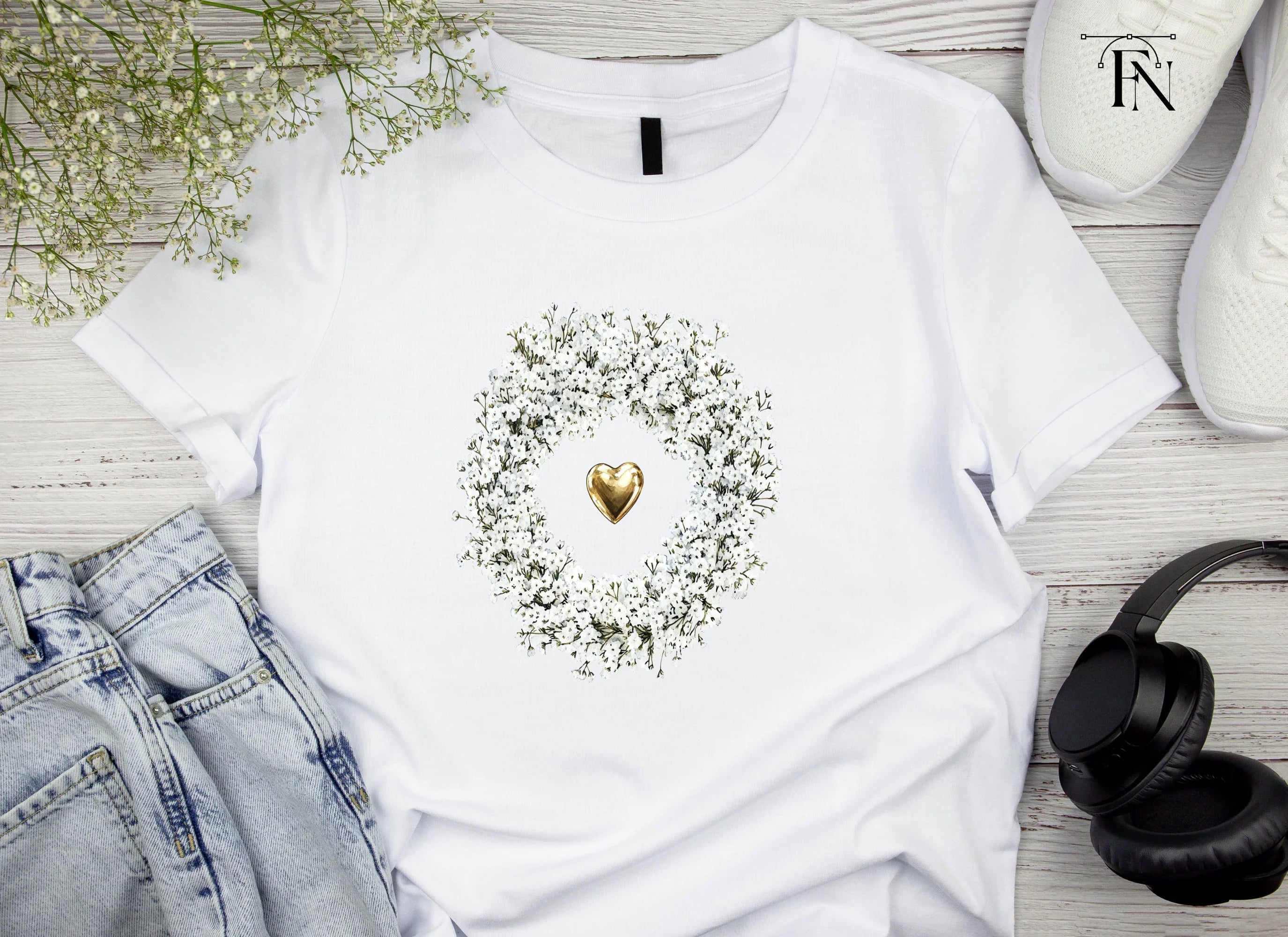 Baby Breath Wreath Gold Heart Clipart Bundle