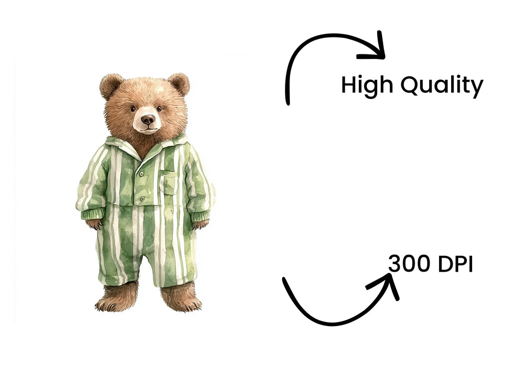 Cute Bear in Green Striped Pajamas Clipart Bundle